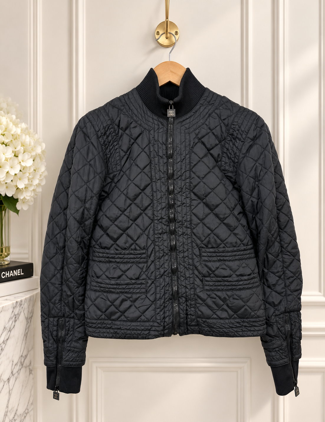CHANEL 05A CC Nylon Zip Jacket Top #38 Black