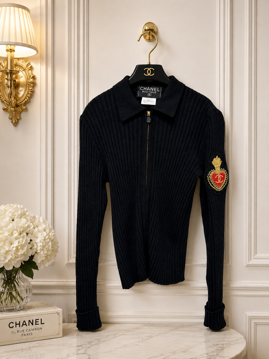Chanel black zip with heart crest on sleeve