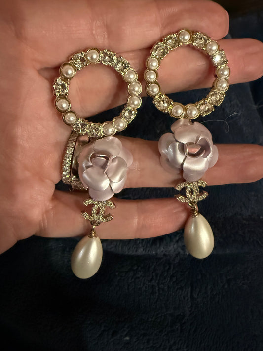 Chanel 2023 cruise camellia flower pearl dangle earrings