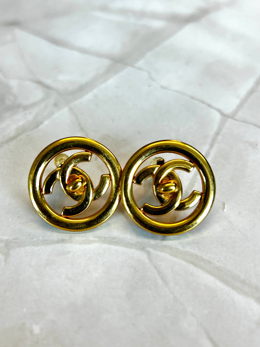 Chanel Turnlock Button Earrings 24K Gold Plated 97P