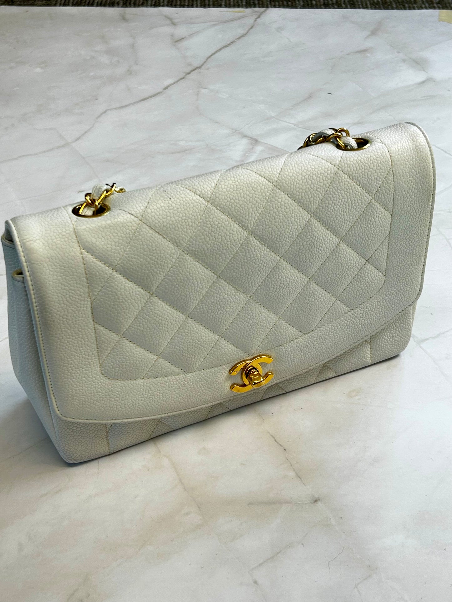 Diana Flap Bag – Caviar Leather  White Gold Hardware