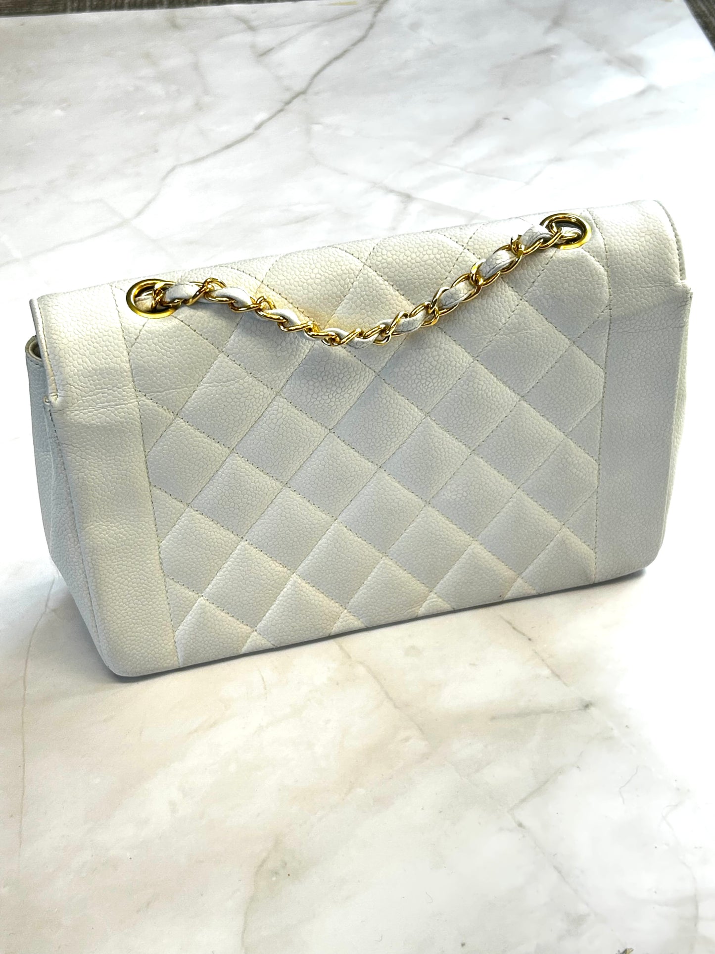 Diana Flap Bag – Caviar Leather  White Gold Hardware