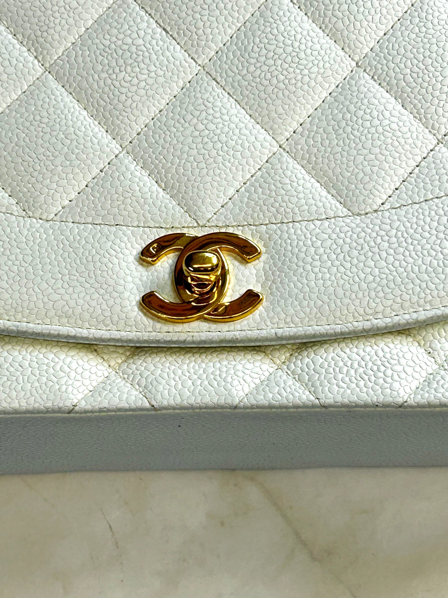 Diana Flap Bag – Caviar Leather  White Gold Hardware