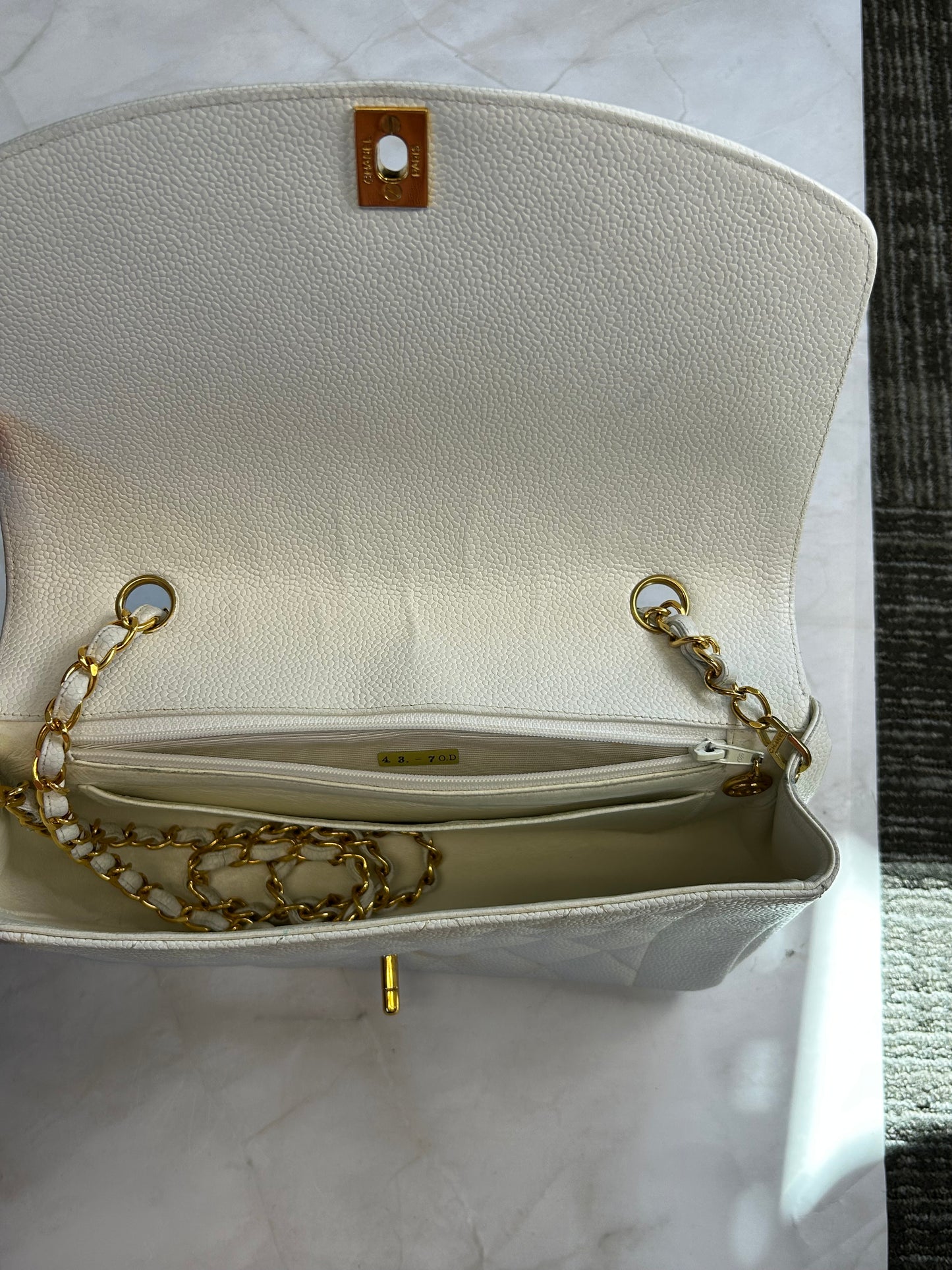 Diana Flap Bag – Caviar Leather  White Gold Hardware