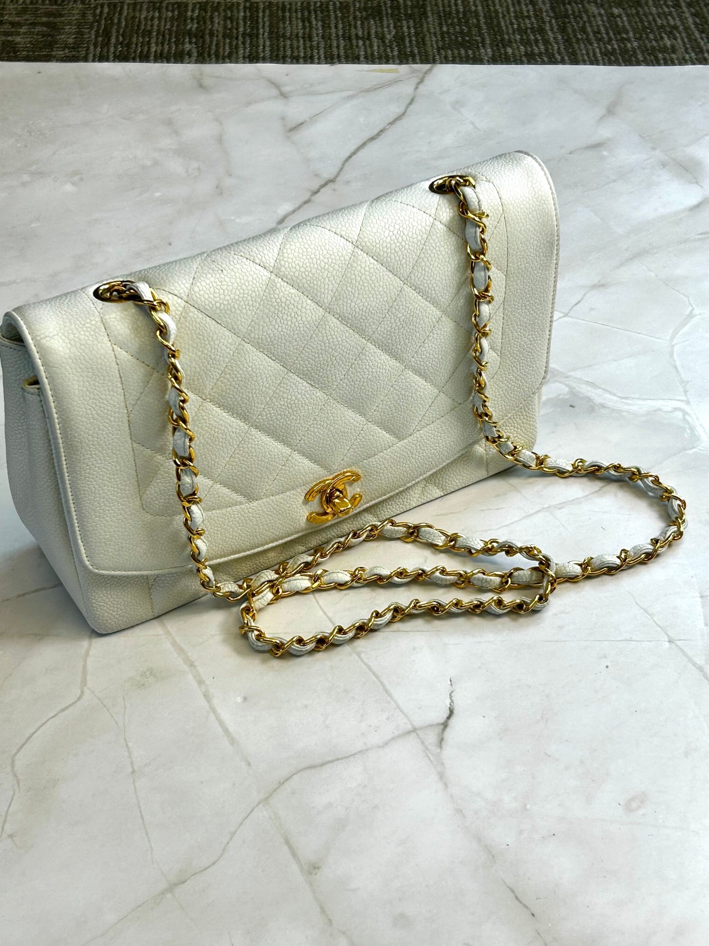 Diana Flap Bag – Caviar Leather  White Gold Hardware