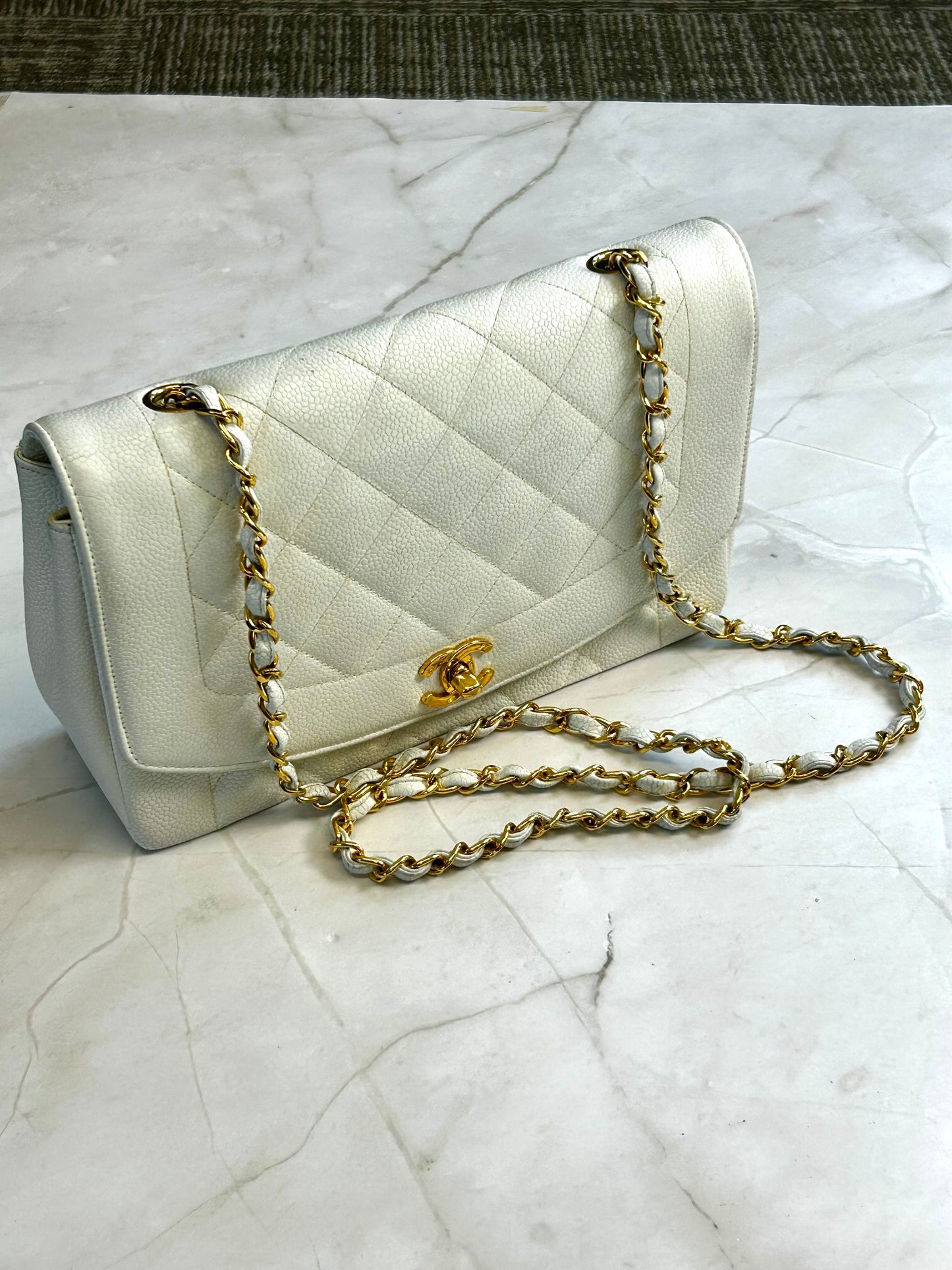Diana Flap Bag – Caviar Leather  White Gold Hardware