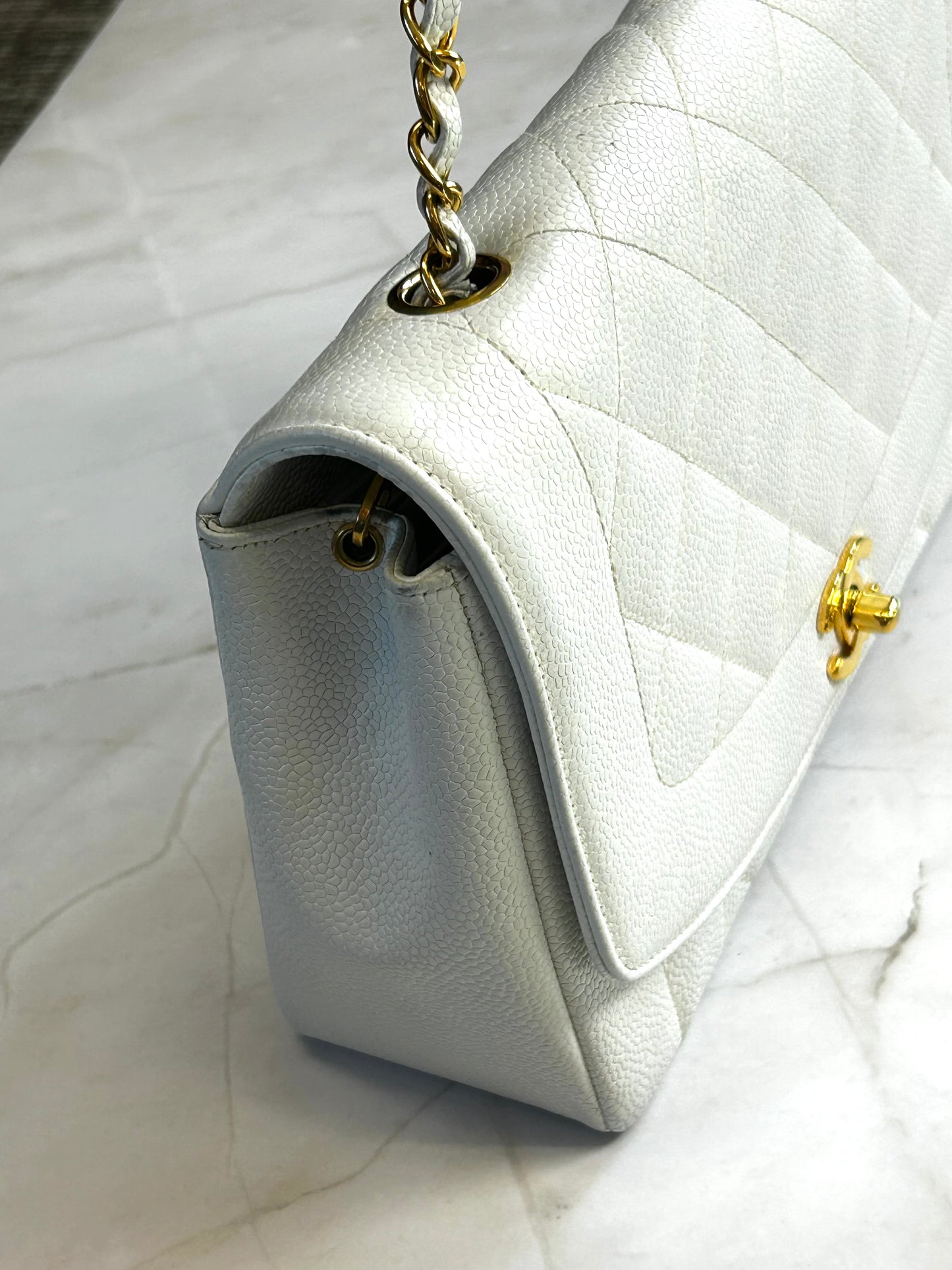 Diana Flap Bag – Caviar Leather  White Gold Hardware