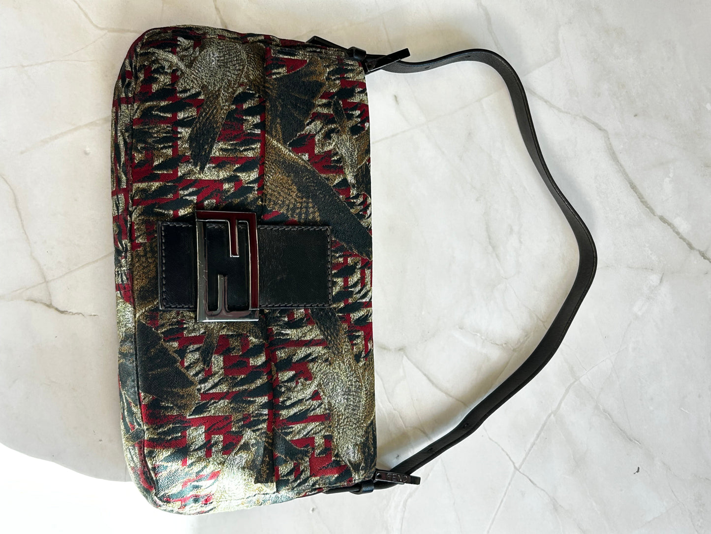 Fendi Hawk Jacquard Shoulder Bag – Metallic Brocade  Black, Gold & Red