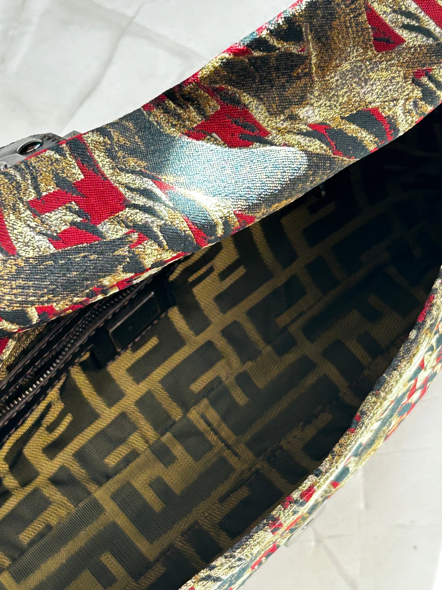 Fendi Hawk Jacquard Shoulder Bag – Metallic Brocade  Black, Gold & Red