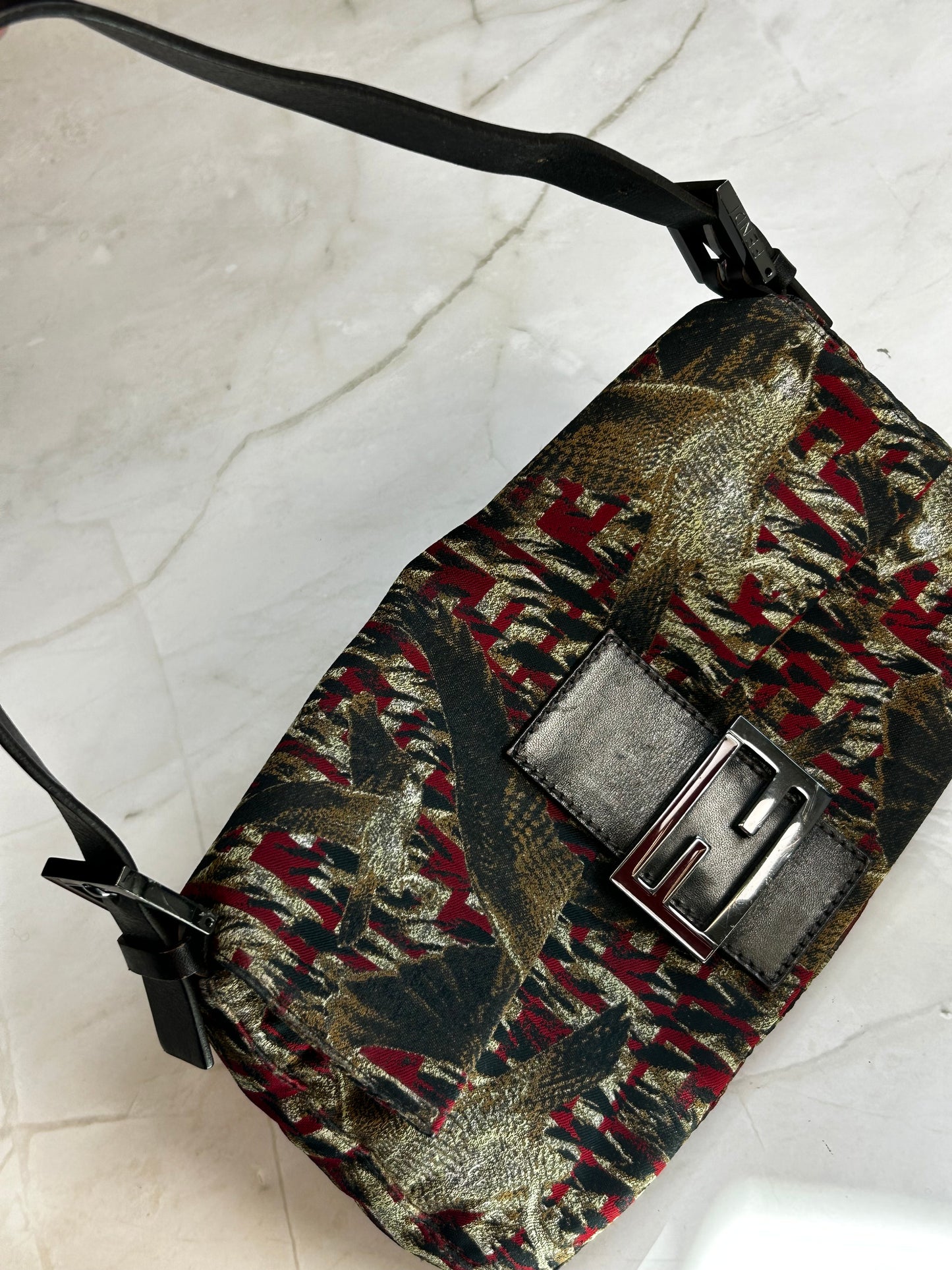 Fendi Hawk Jacquard Shoulder Bag – Metallic Brocade  Black, Gold & Red