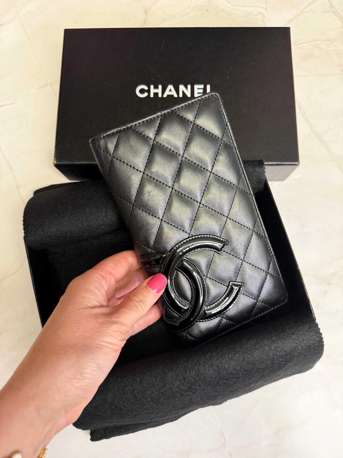 Vintage Chanel Cambon Wallet Black with Pink Interior Full set