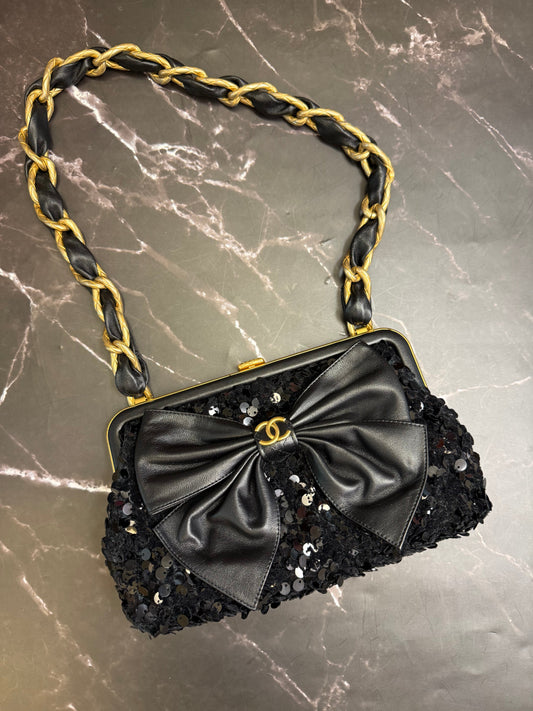 Chanel Black Lambskin Tweed Sequin Bow Clutch With Chain Aged Gold Hardware