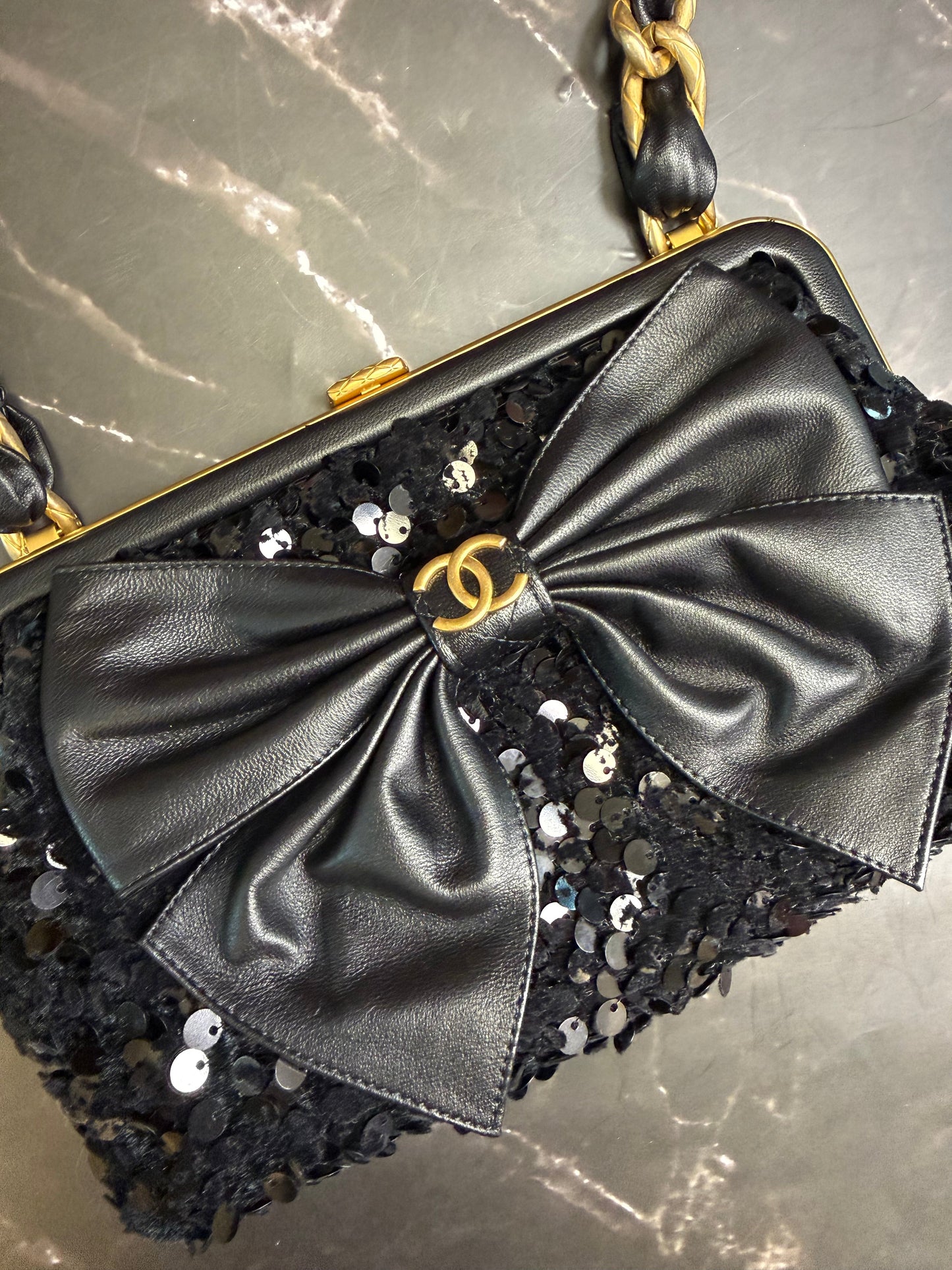 Chanel Black Lambskin Tweed Sequin Bow Clutch With Chain Aged Gold Hardware