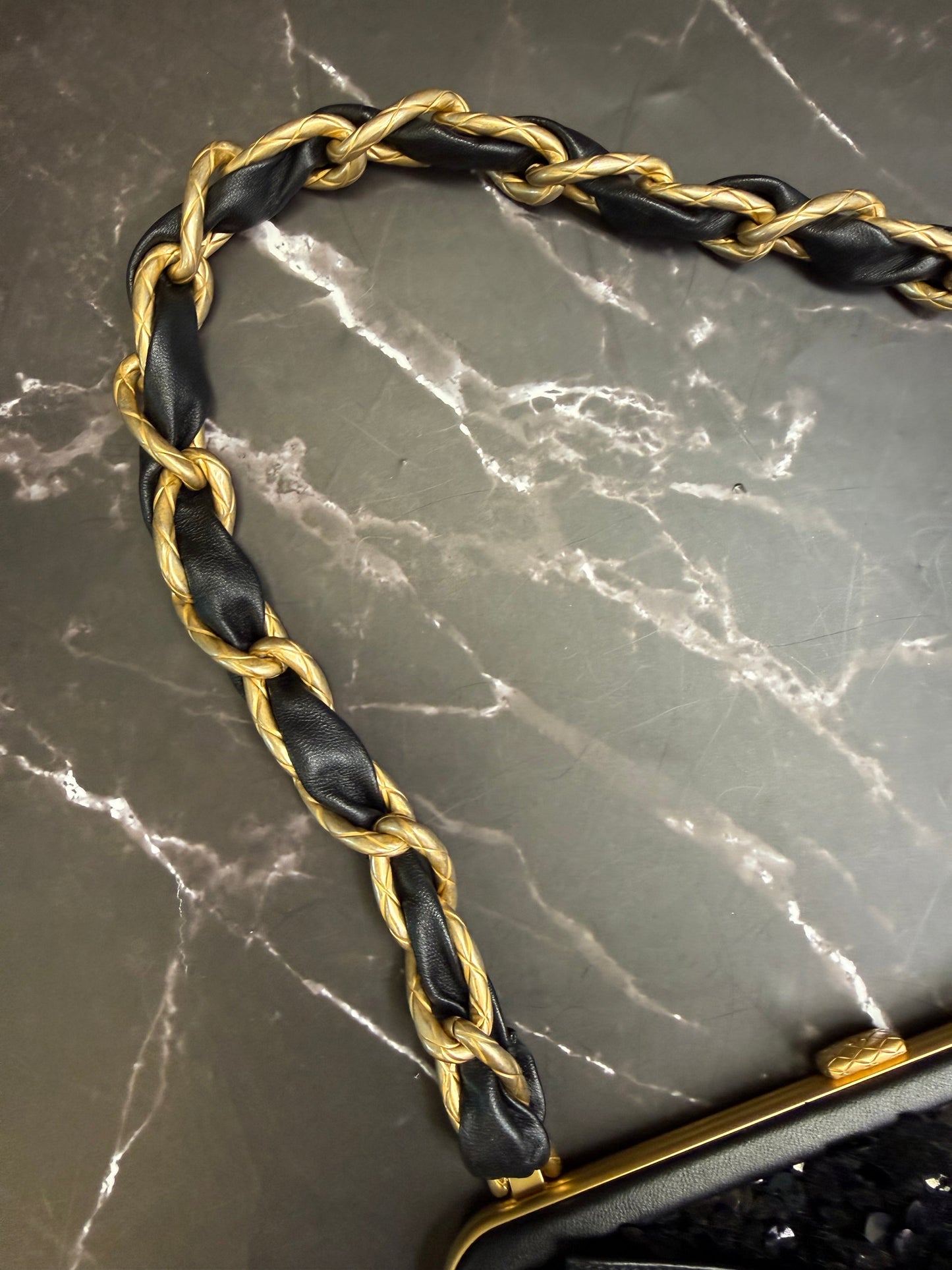 Chanel Black Lambskin Tweed Sequin Bow Clutch With Chain Aged Gold Hardware