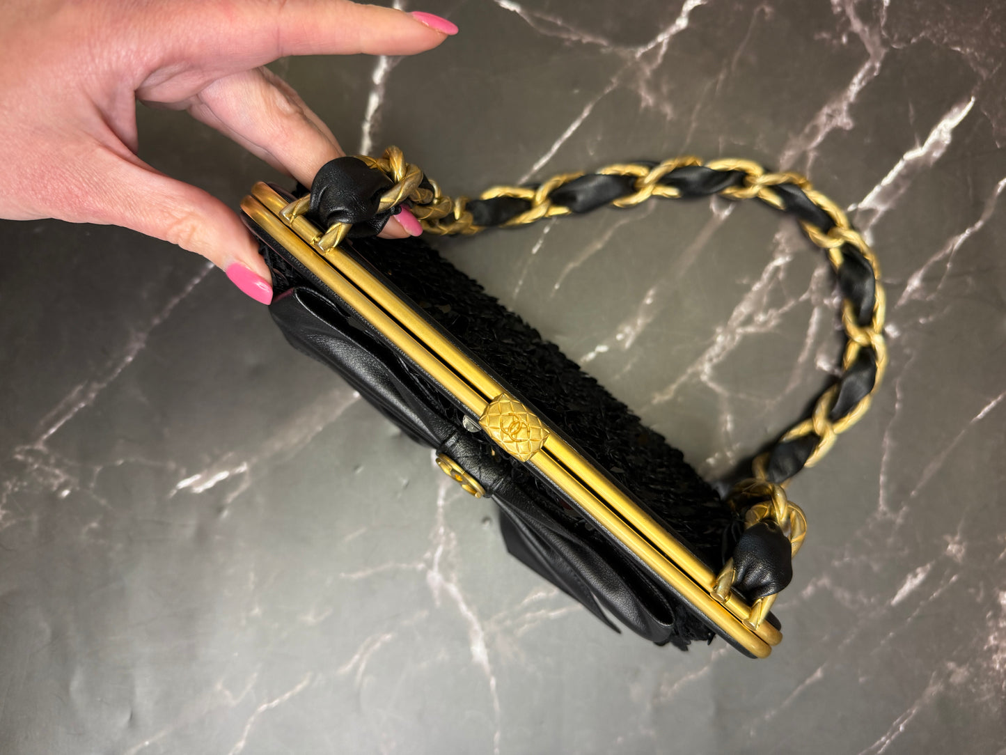 Chanel Black Lambskin Tweed Sequin Bow Clutch With Chain Aged Gold Hardware