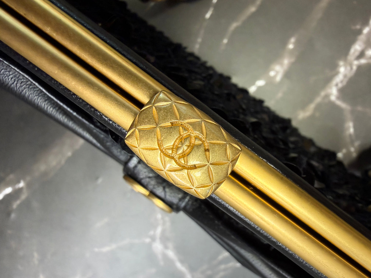 Chanel Black Lambskin Tweed Sequin Bow Clutch With Chain Aged Gold Hardware