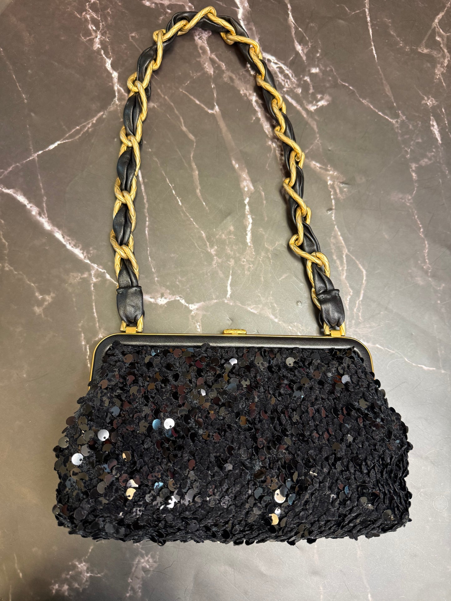 Chanel Black Lambskin Tweed Sequin Bow Clutch With Chain Aged Gold Hardware