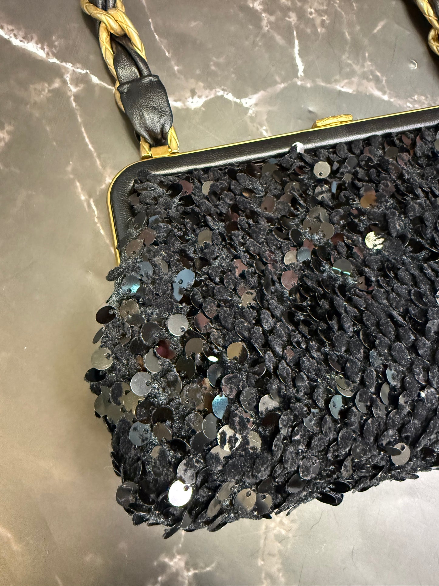 Chanel Black Lambskin Tweed Sequin Bow Clutch With Chain Aged Gold Hardware
