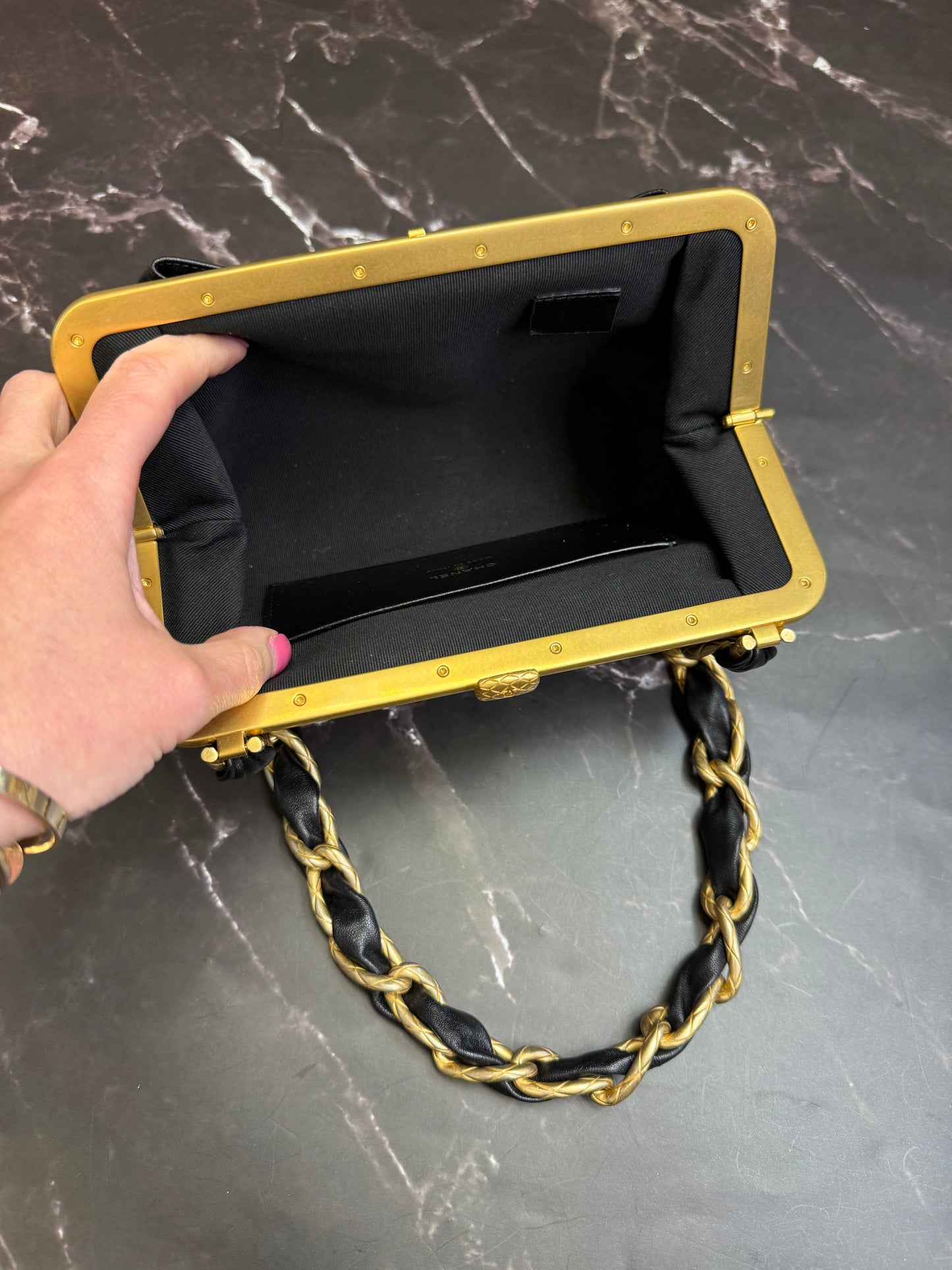 Chanel Black Lambskin Tweed Sequin Bow Clutch With Chain Aged Gold Hardware