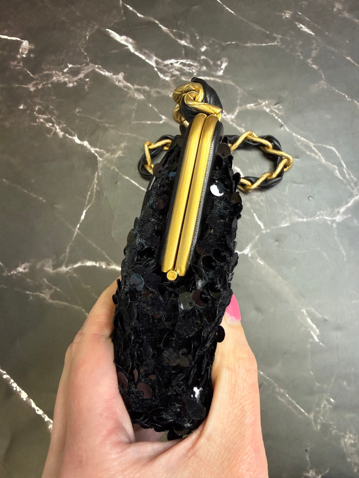 Chanel Black Lambskin Tweed Sequin Bow Clutch With Chain Aged Gold Hardware