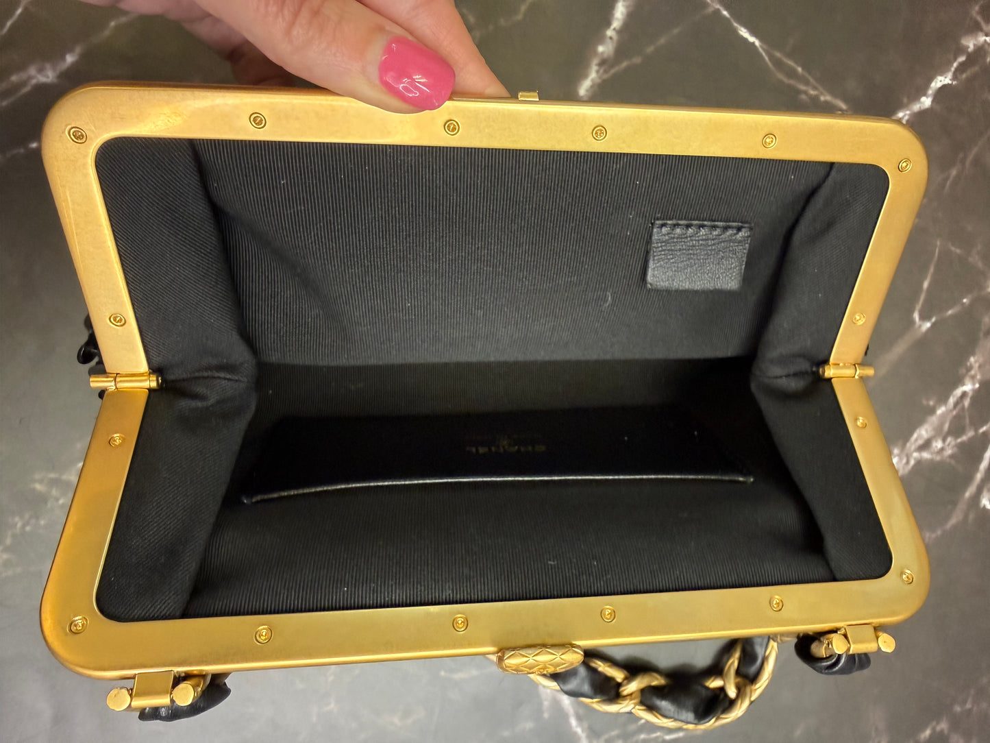 Chanel Black Lambskin Tweed Sequin Bow Clutch With Chain Aged Gold Hardware