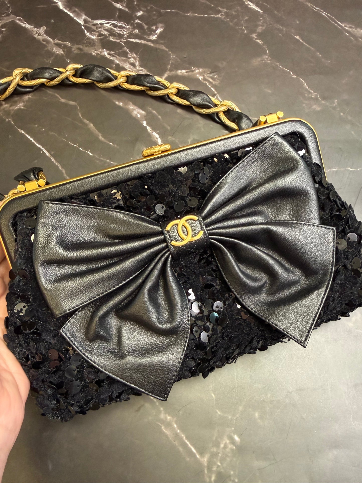 Chanel Black Lambskin Tweed Sequin Bow Clutch With Chain Aged Gold Hardware