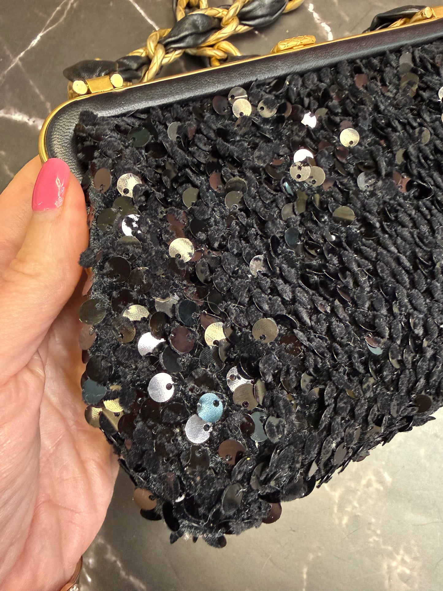 Chanel Black Lambskin Tweed Sequin Bow Clutch With Chain Aged Gold Hardware