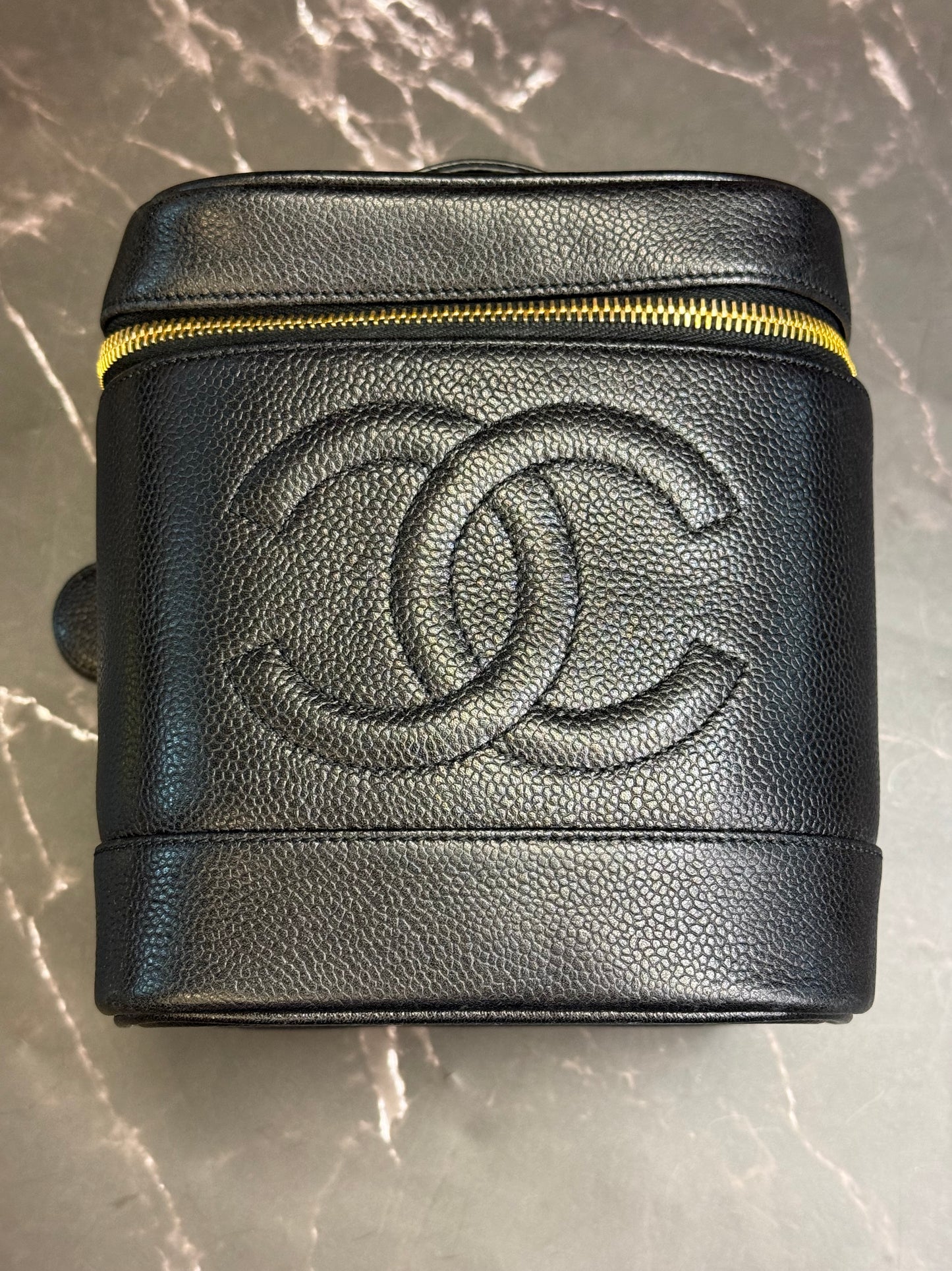 CHANEL Caviar Skin Leather Black Cosmetic Case Vanity Bag Handbag Series 4