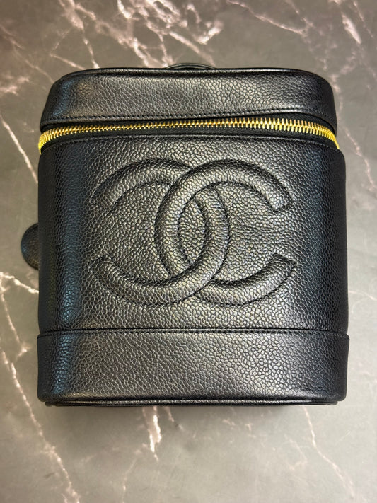 CHANEL Caviar Skin Leather Black Cosmetic Case Vanity Bag Handbag Series 4
