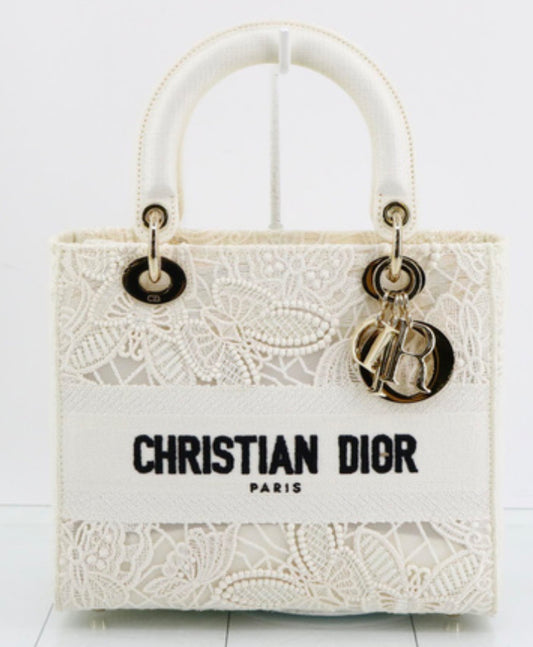 Dior Women Medium Lady D-lite Bag White D-Lace Embroidery