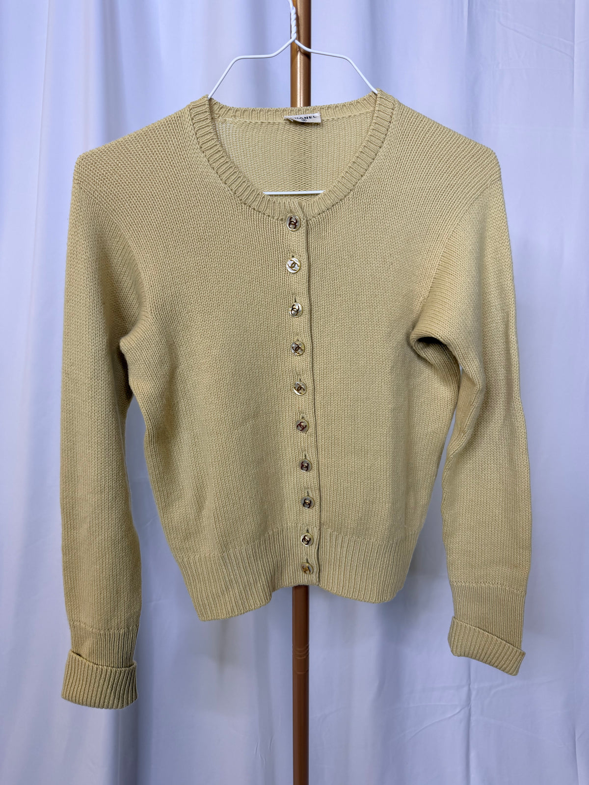 Chanel Cashmere Cardigan in yellow with MOP CC buttons
