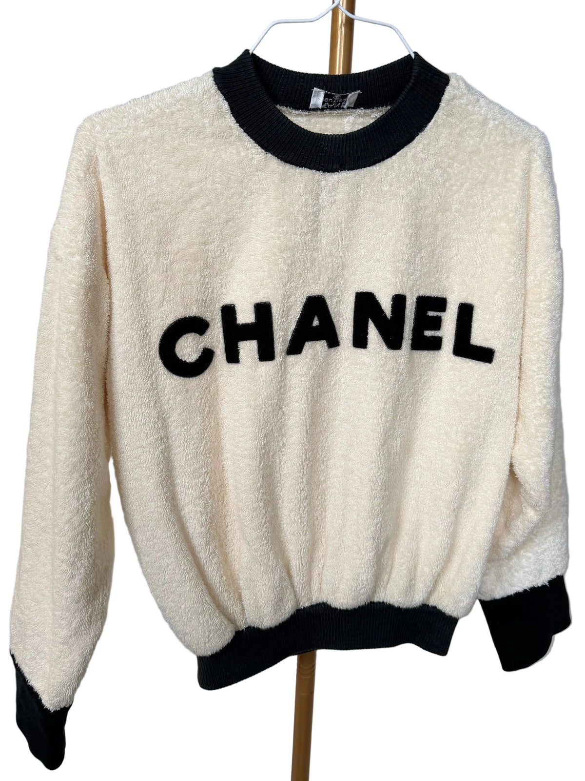 Rare 1992 Chanel Runway Terrycloth Letter Logo Ecru Ivory Sweater Sweatshirt