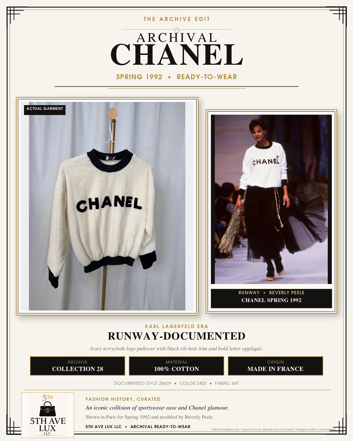 Rare 1992 Chanel Runway Terrycloth Letter Logo Ecru Ivory Sweater Sweatshirt