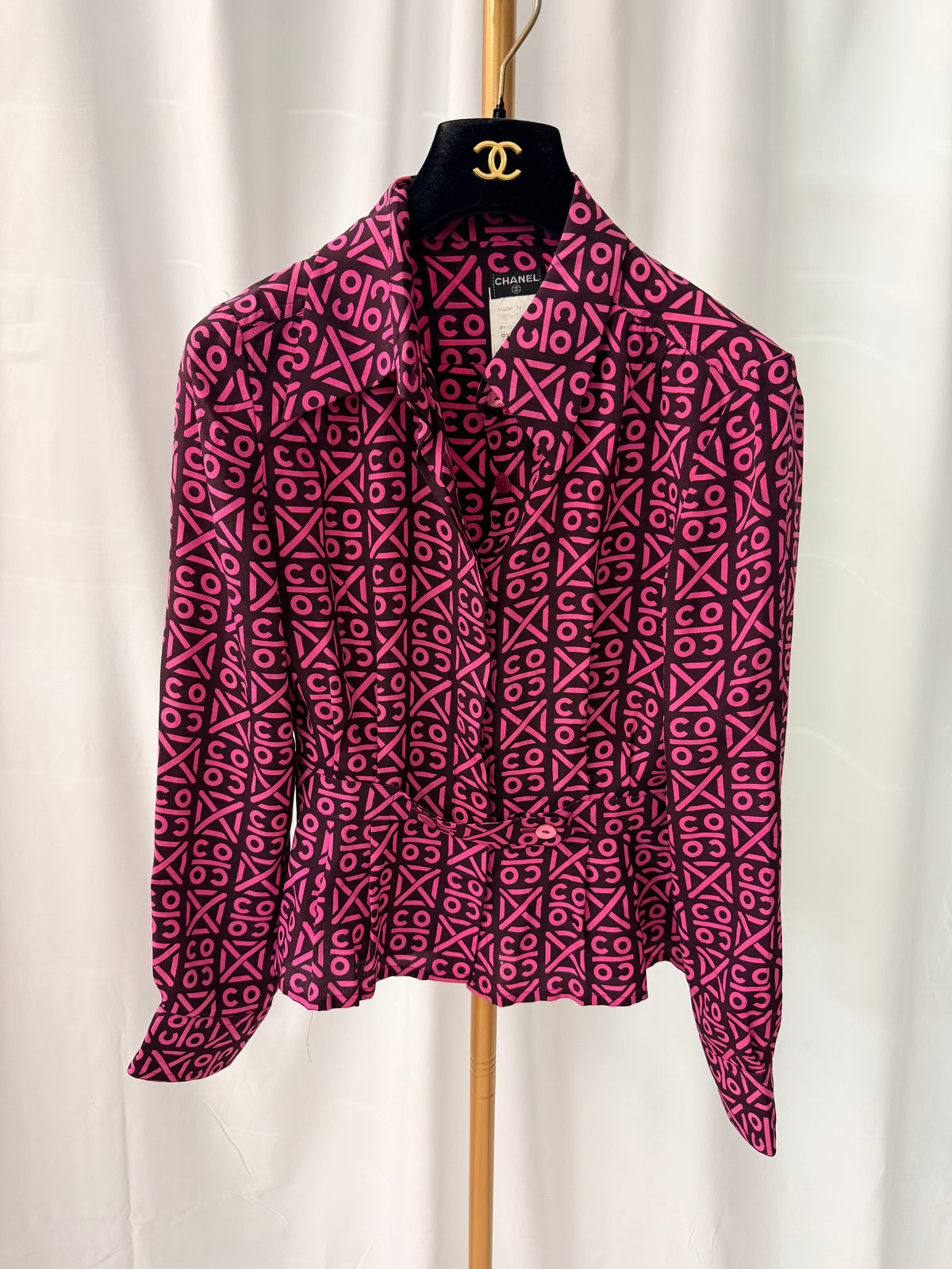 Chanel Pink Silk Blouse with COCO print