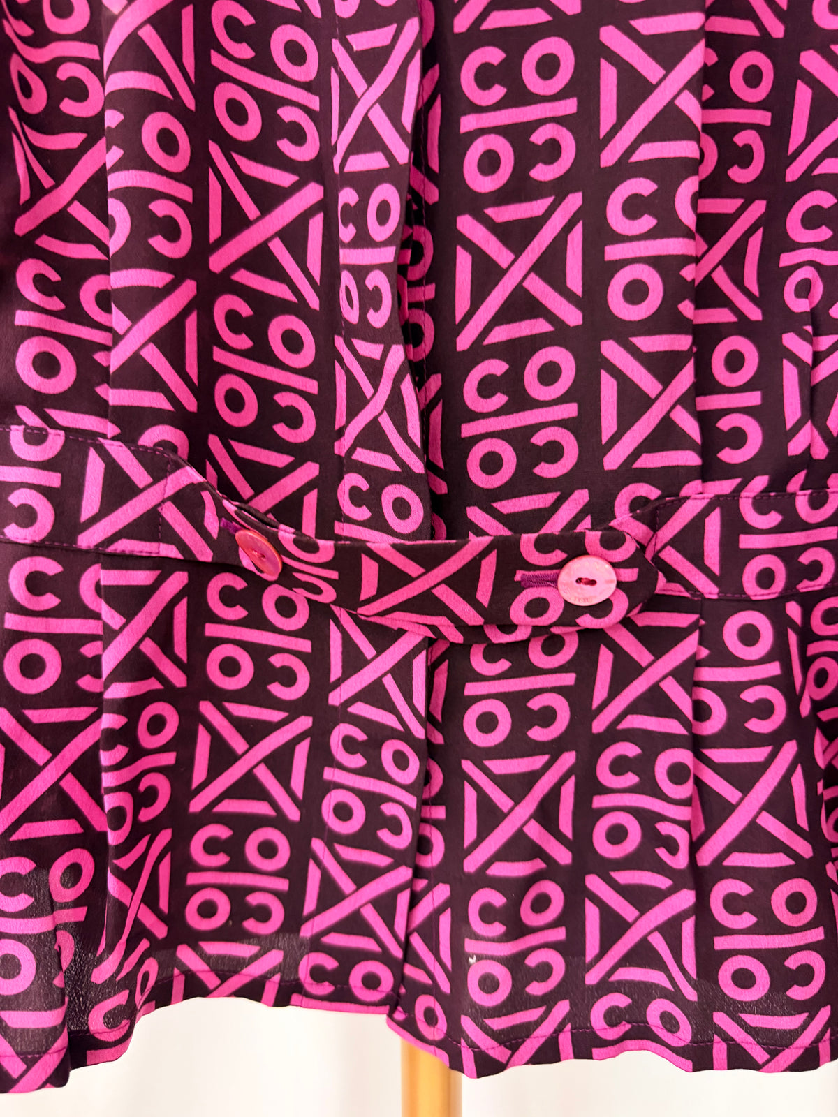 Chanel Pink Silk Blouse with COCO print