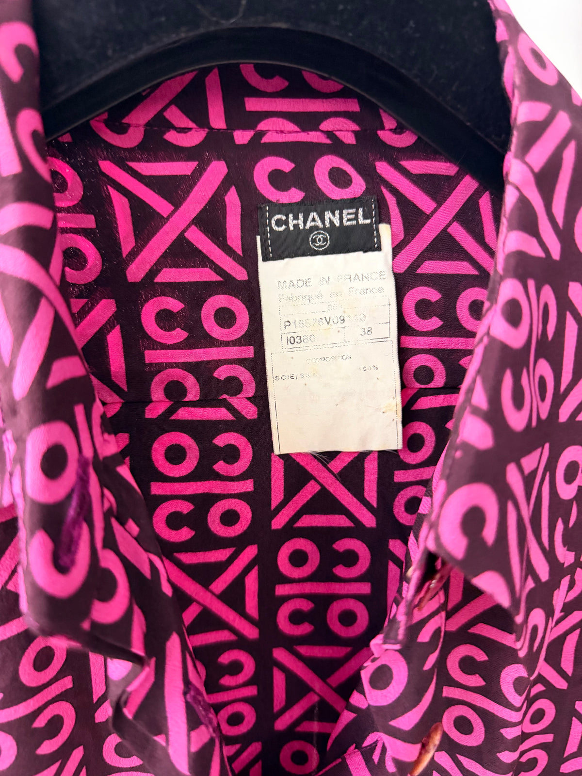 Chanel Pink Silk Blouse with COCO print