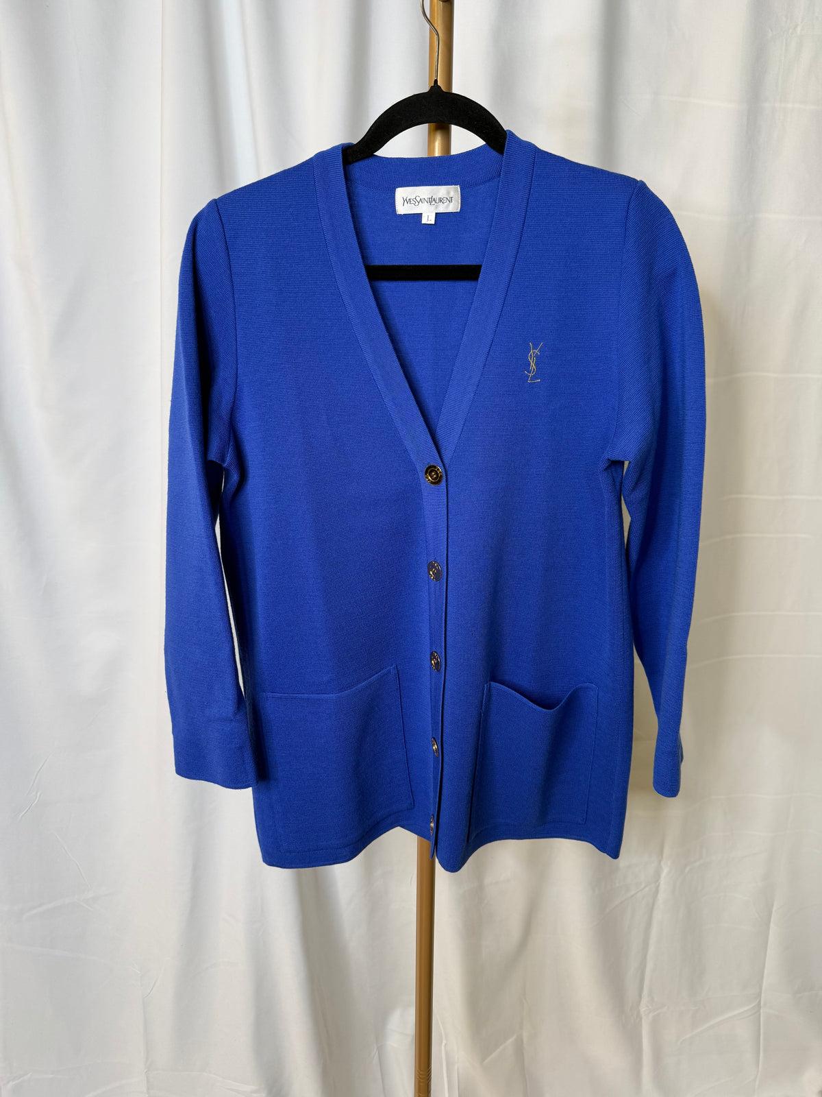 YSL Logo Knit Cardigan in Blue with Gold Buttons