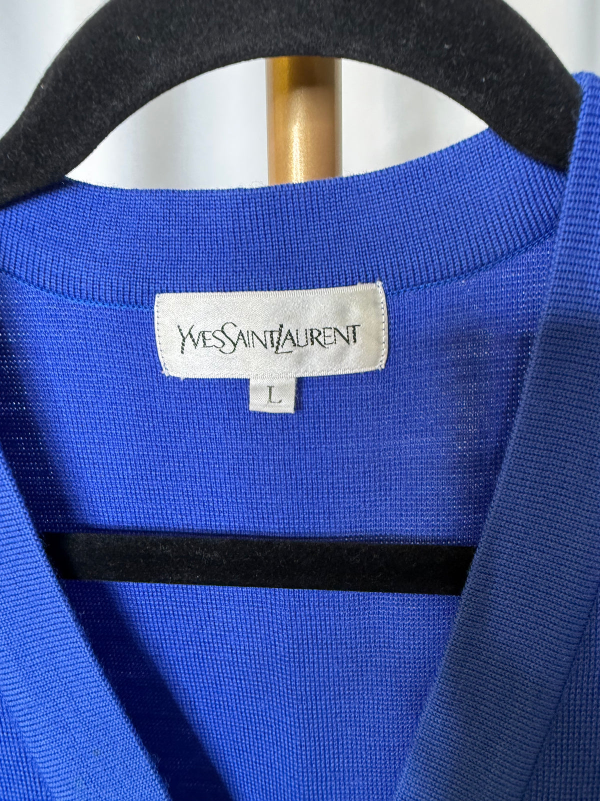 YSL Logo Knit Cardigan in Blue with Gold Buttons
