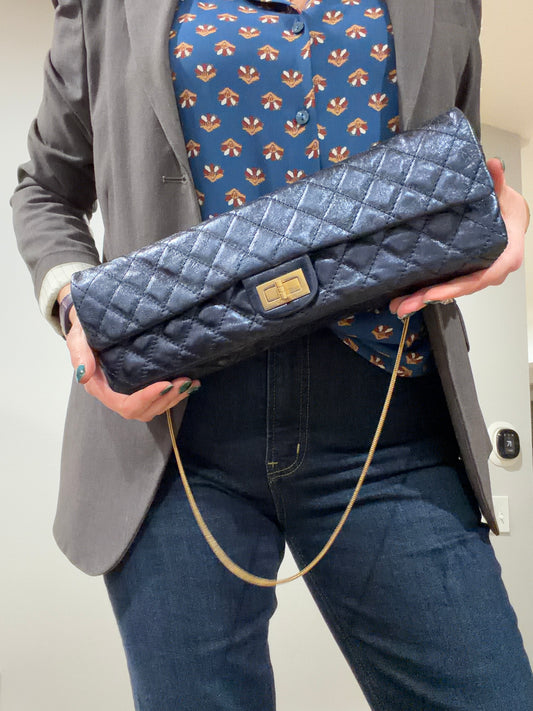 Rare Chanel Extra Wide 13" Blue Metallic Exaggerated East West Clutch Shoulder Bag