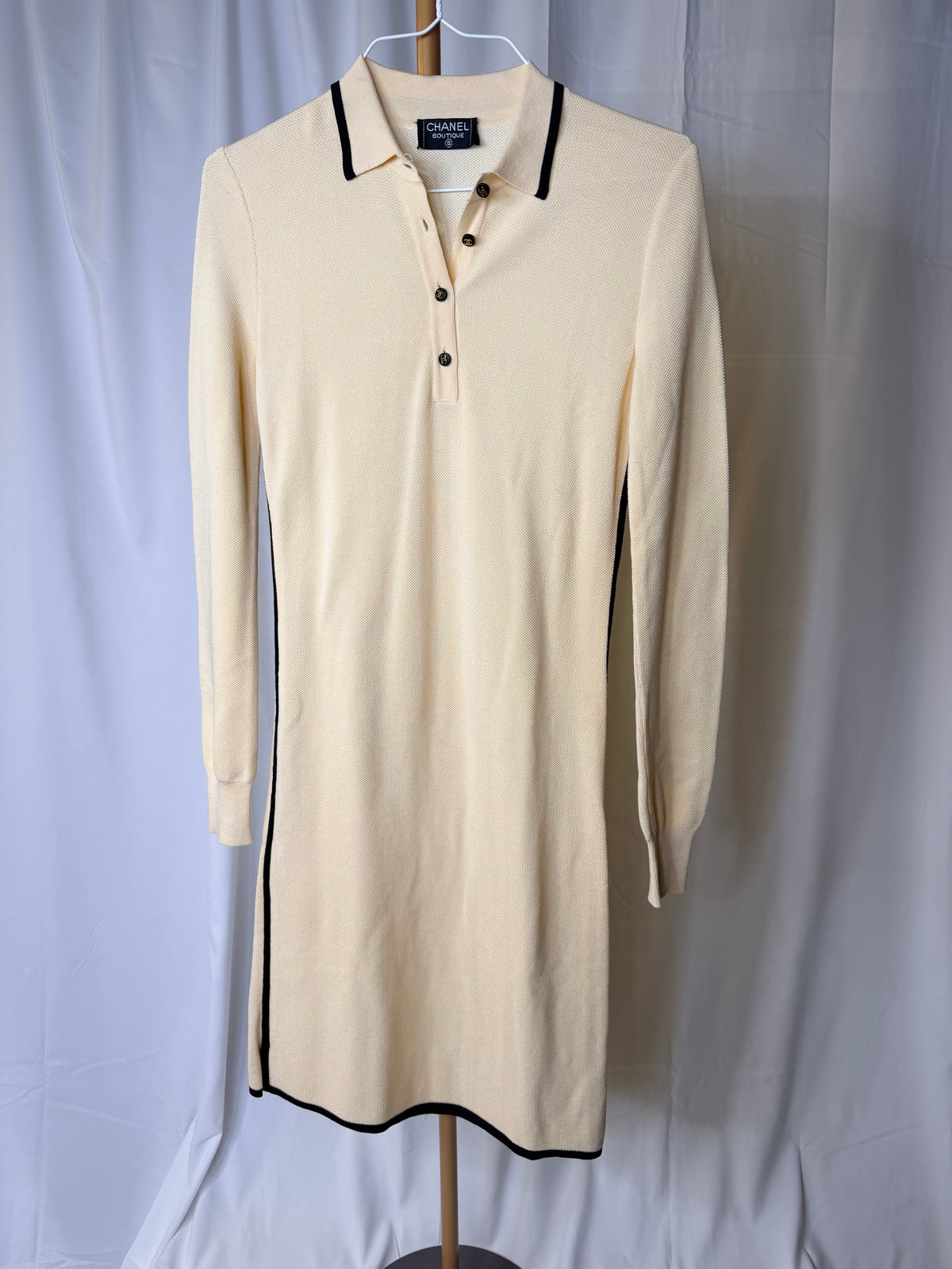 CHANEL CC Button Long Knit dress cream with black pipping