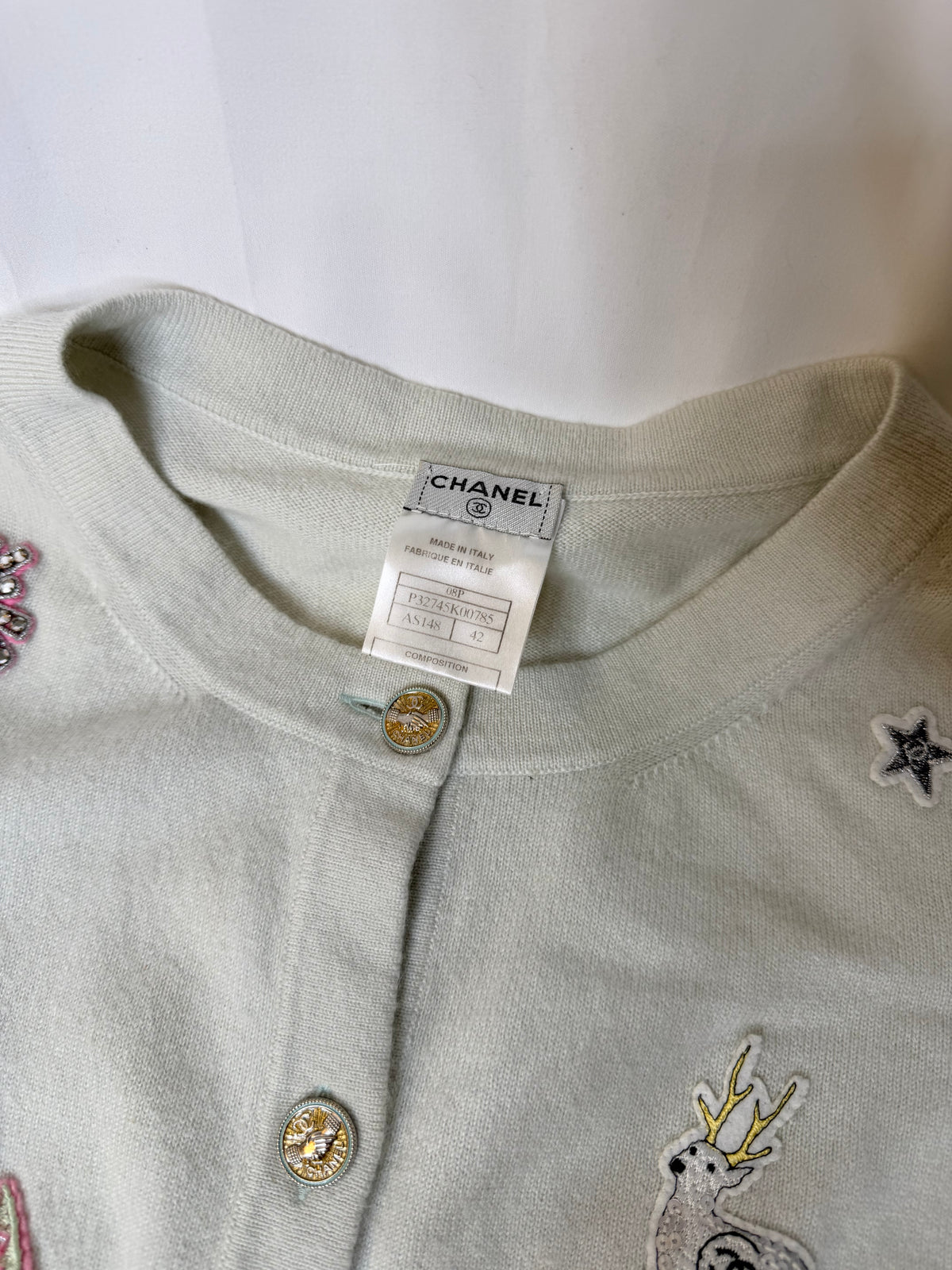 Chanel 2008 Pre-Fall (08P) Pale Aqua / Mint Cashmere Cardigan Fr 42