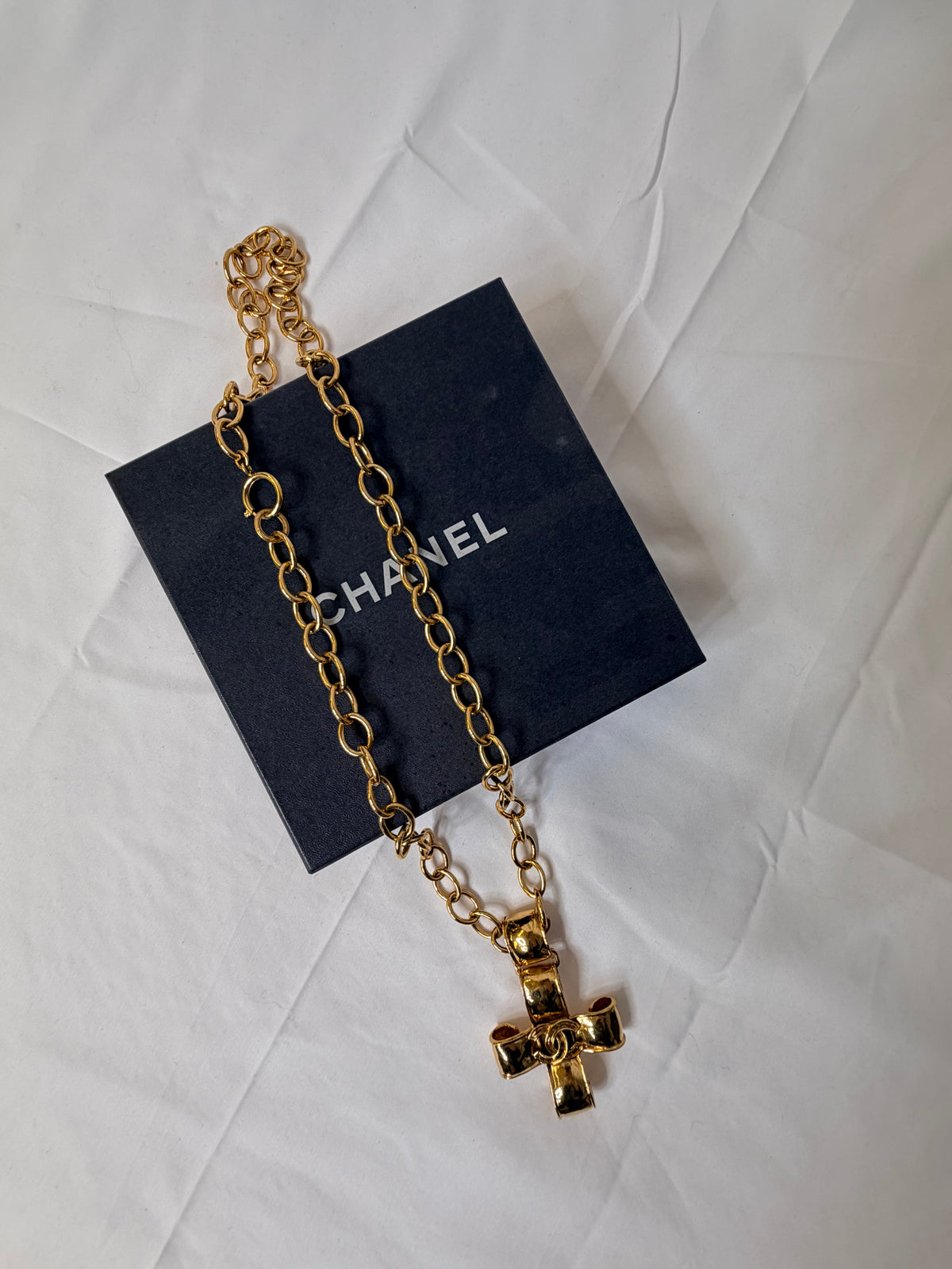 Chanel Vintage CC Ribbon Cross Pendant Necklace 94P