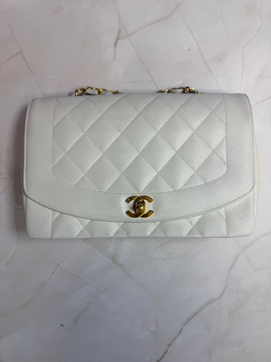 Diana Flap Bag – Caviar Leather  White Gold Hardware
