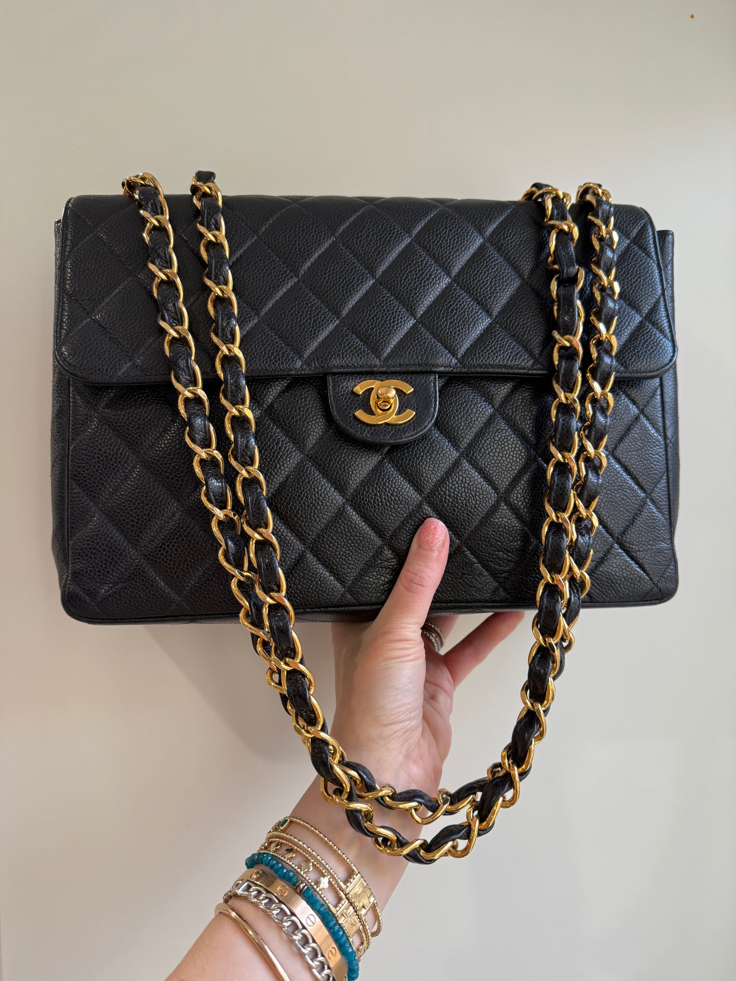 Chanel vintage flap Jumbo Caviar Leather full set