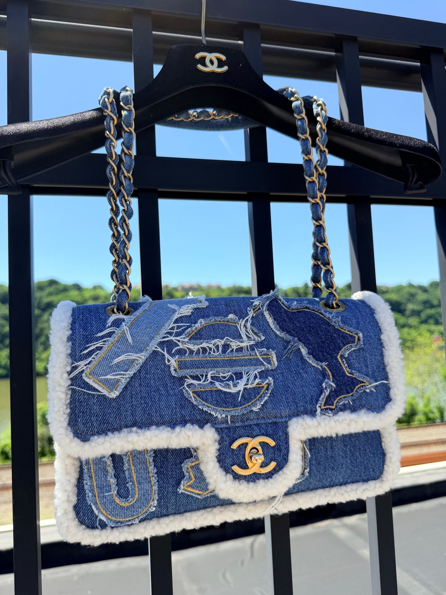 CHANEL 19A EGYPTIAN DENIM BLUE SHEARLING HIEROGLYPHIC MEDIUM FLAP BAG PARIS-NY GHW