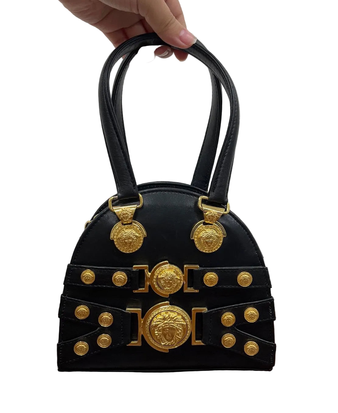 Versace black leather gold tone hardware Mini Tribute Medallion Tote