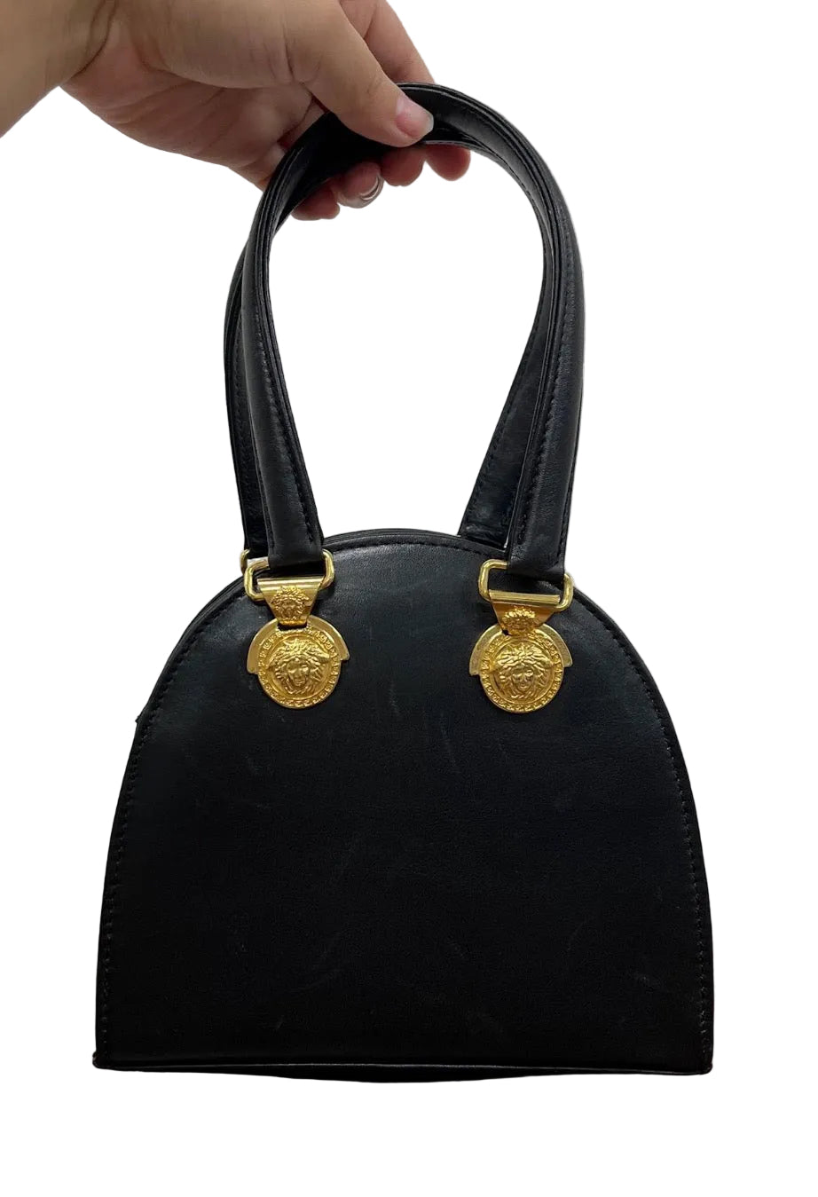 Versace black leather gold tone hardware Mini Tribute Medallion Tote