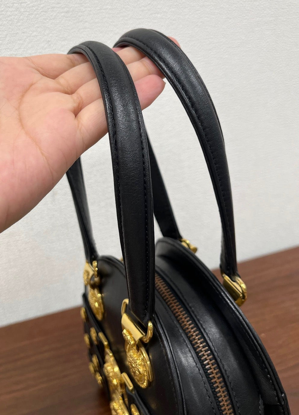 Versace black leather gold tone hardware Mini Tribute Medallion Tote