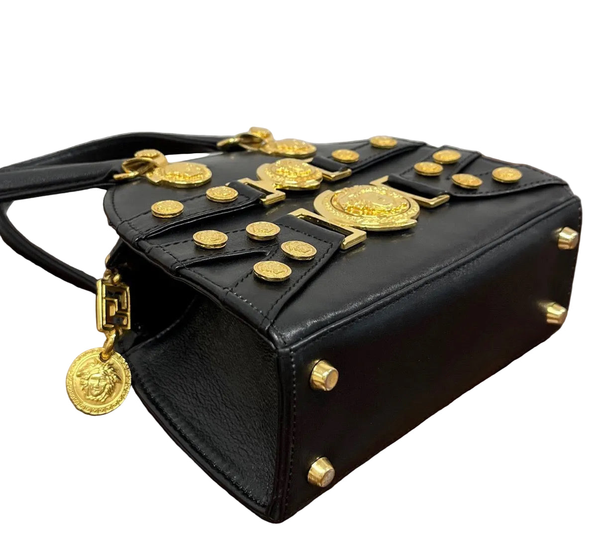 Versace black leather gold tone hardware Mini Tribute Medallion Tote