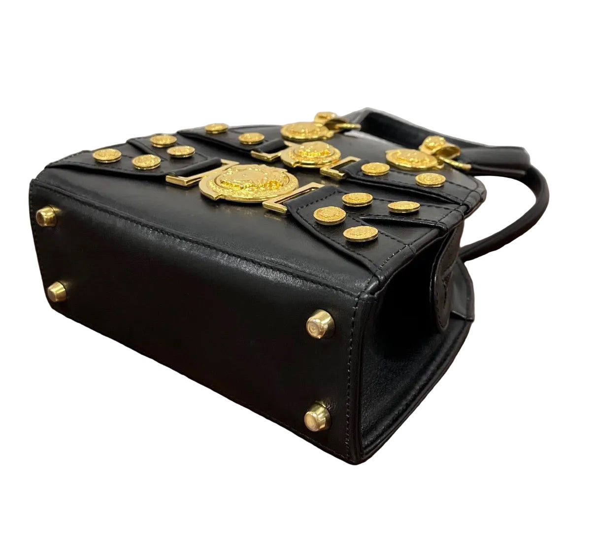 Versace black leather gold tone hardware Mini Tribute Medallion Tote